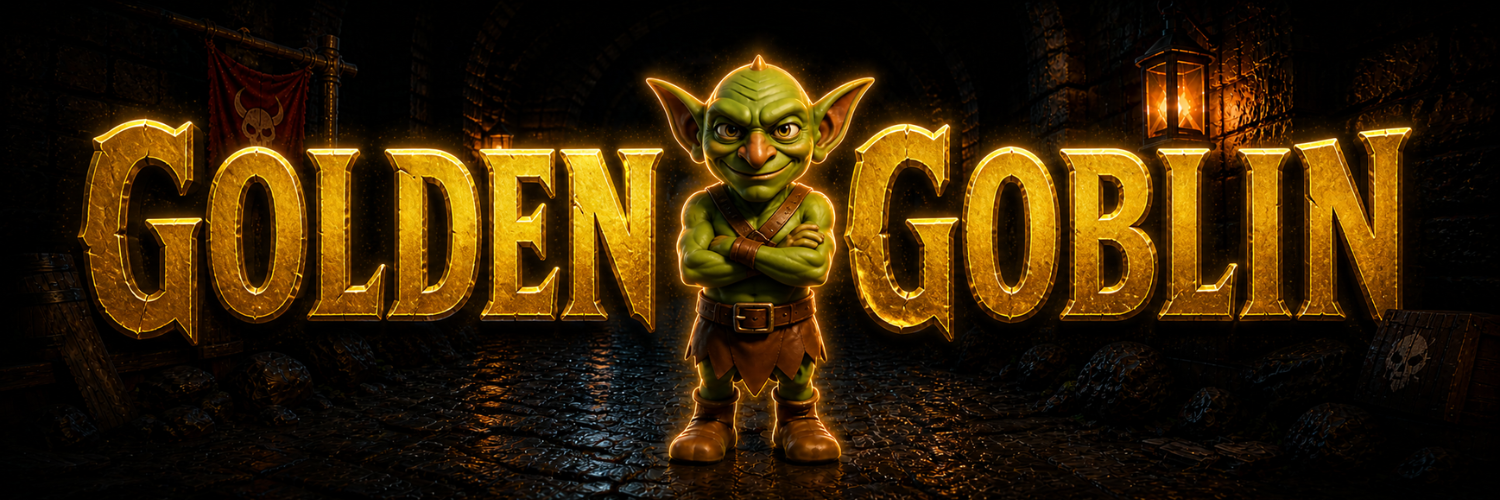 Golden Goblin standing inside a dark underground vault